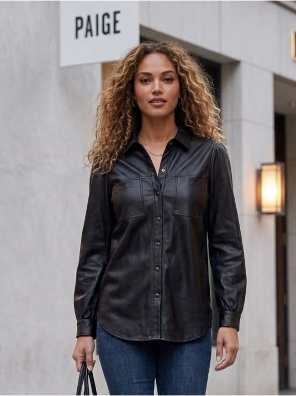 PAIGE Black Faux-Leather Button-Front Shirt